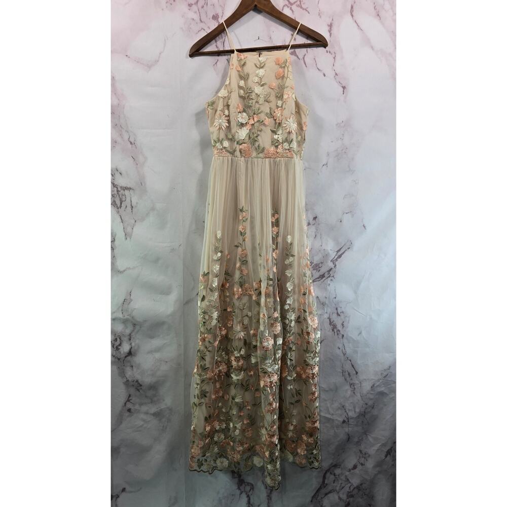 Anthropologie Dress Womens XS 2 Pink Green Embroidered Floral Gown Shannon BHLDN